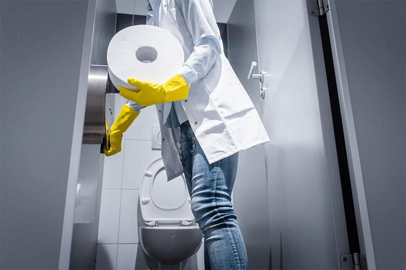 Talk to building management restroom cleaning